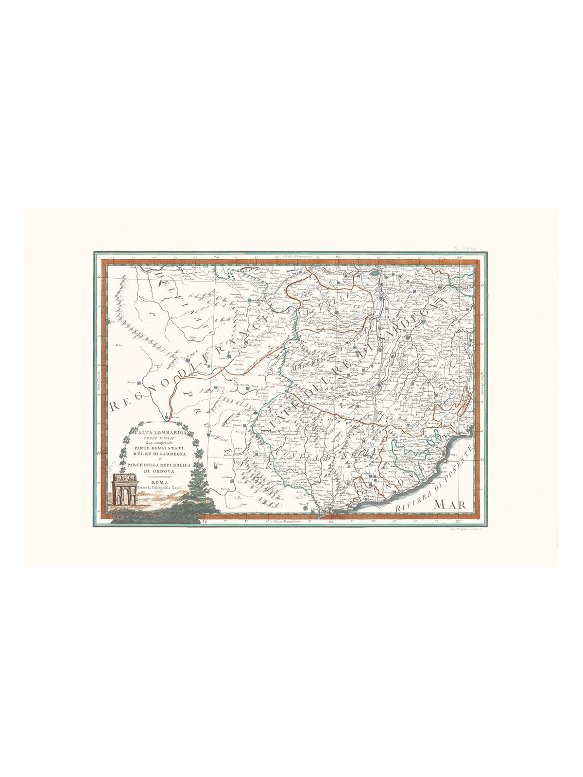 Antique map color of high Lombardy third sheet 