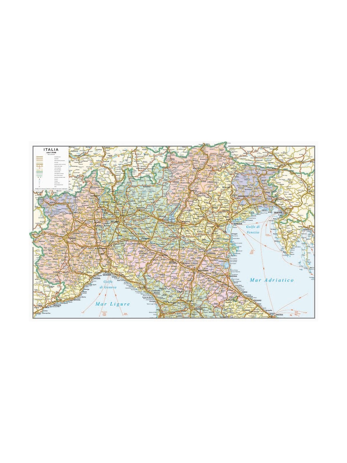 Political road map of northern  Italy 