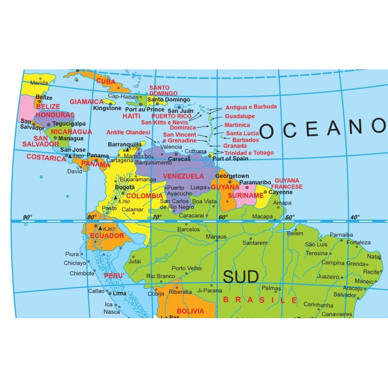 Political color map of the world cm 140 x 90