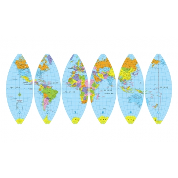 Mondo politico con fusi per il globo, carta geografica a colori