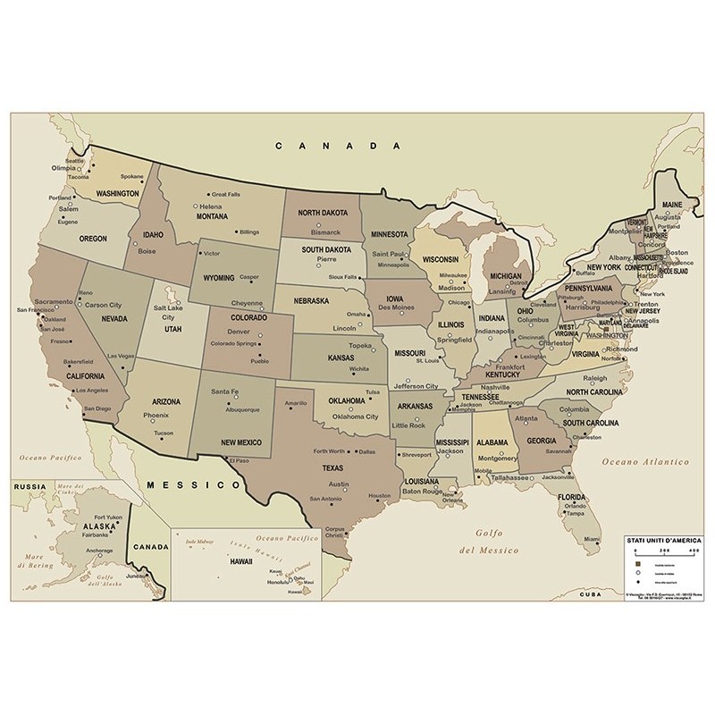 Stati Uniti - Carta geografica politica antichizzata cm 100 x 70 Cartografica Visceglia