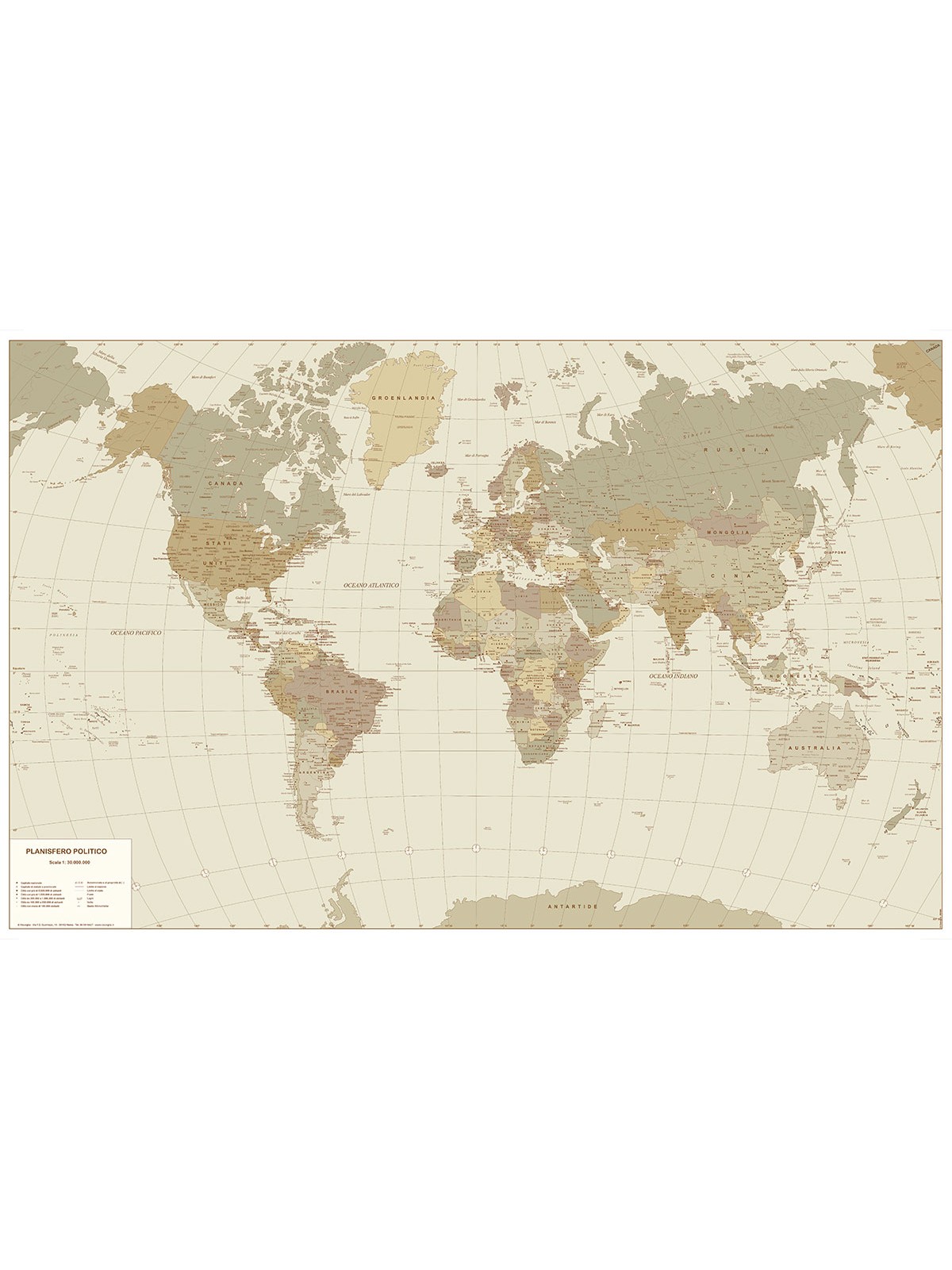 Sepia map of the world  cm. 140 x 90