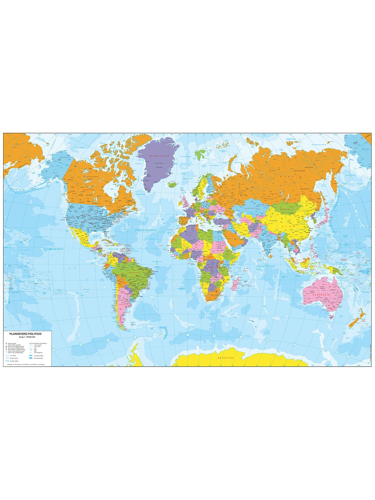 Political color map of the world cm 140 x 90